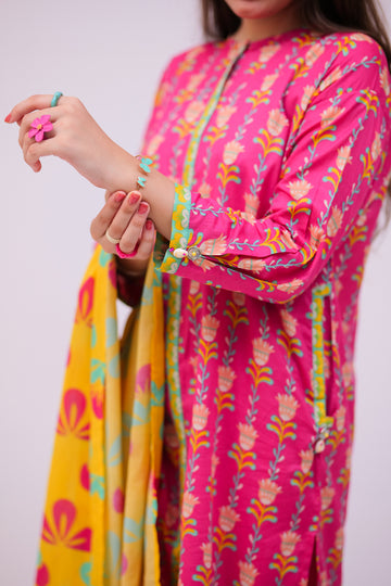 GAD-02748 | Shocking Pink & Multicolor | Casual 3 Piece Suit | Cotton  Lawn Printed
